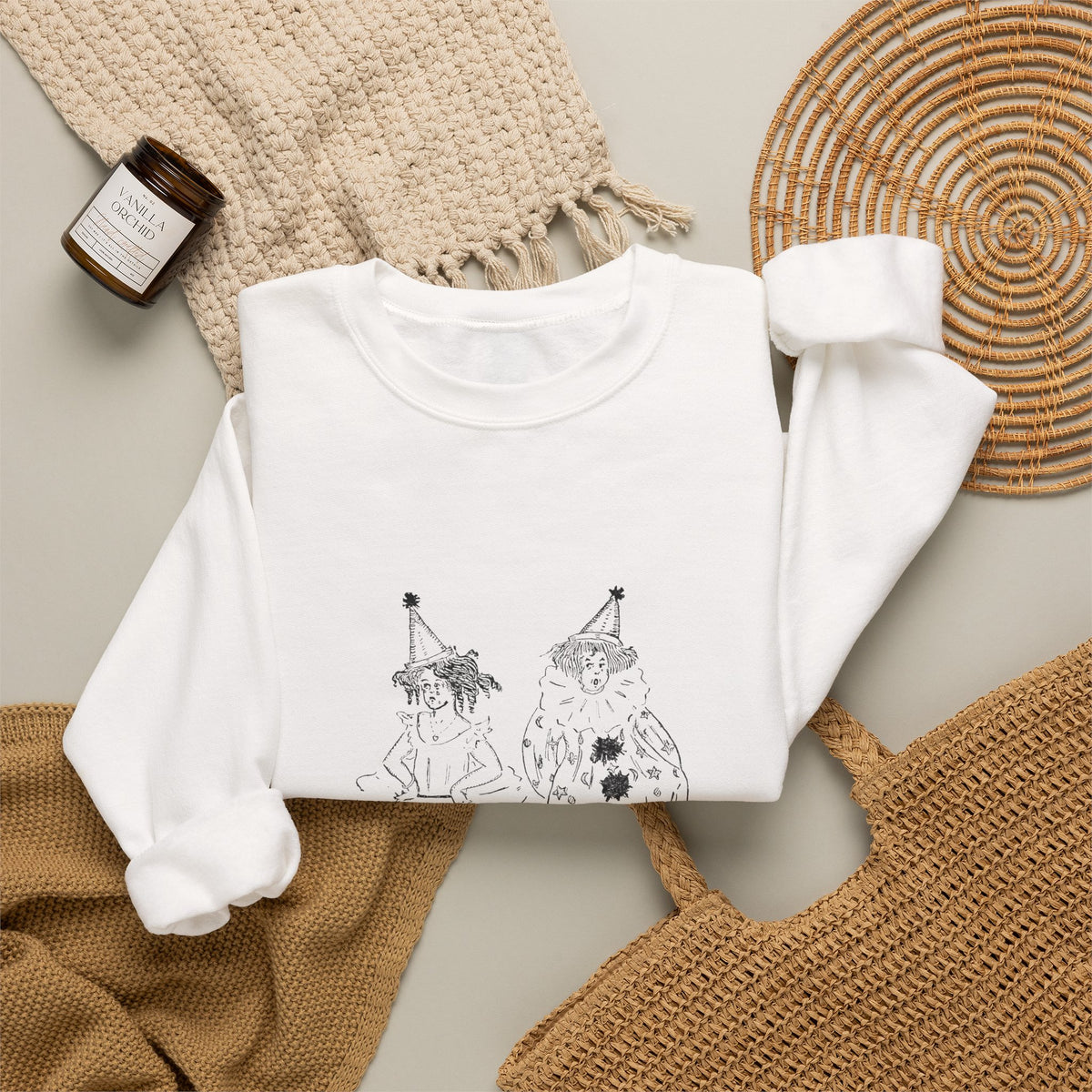 Crewneck Sweatshirt — Minimalist Sketch Clown Illustration (Ember Pines Co.)