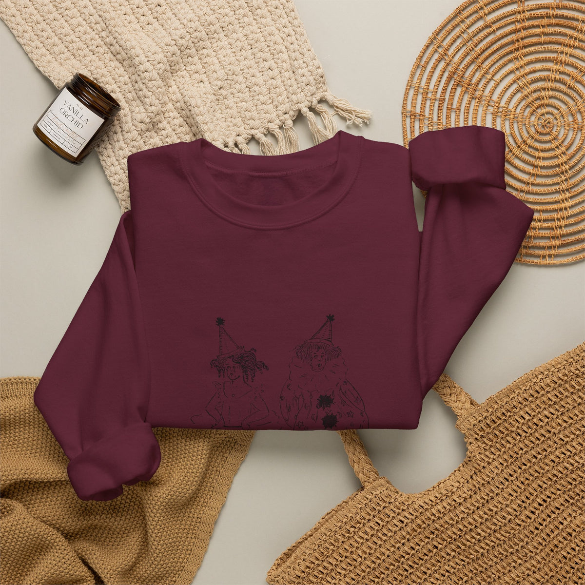 Crewneck Sweatshirt — Minimalist Sketch Clown Illustration (Ember Pines Co.)
