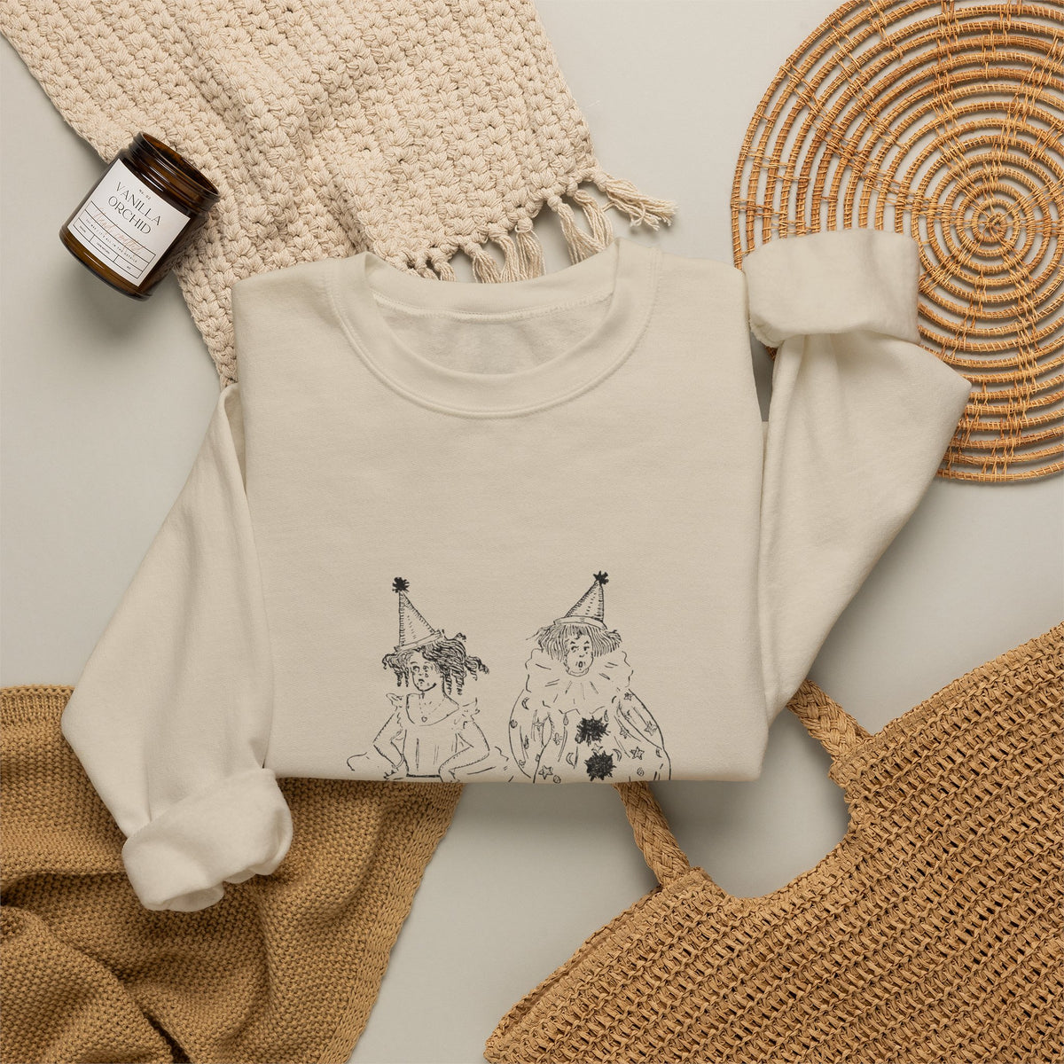 Crewneck Sweatshirt — Minimalist Sketch Clown Illustration (Ember Pines Co.)