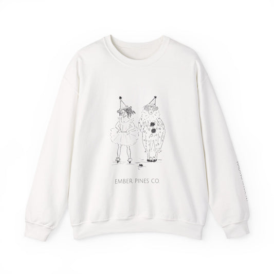 Ember Pines Clownish Crewneck Sweatshirt — Minimalist Sketch Clown Illustration (Ember Pines Co.)