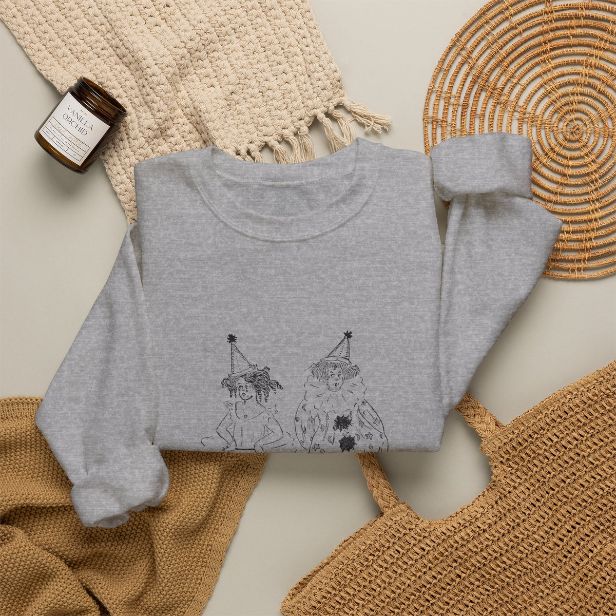 Crewneck Sweatshirt — Minimalist Sketch Clown Illustration (Ember Pines Co.)